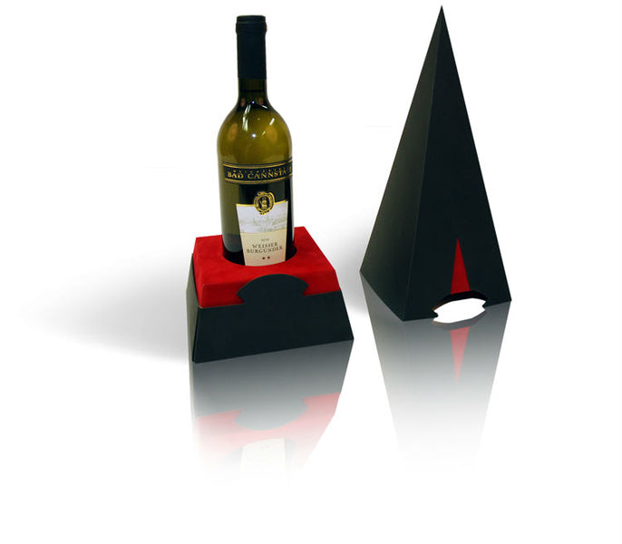 Geschenkverpackung für Wein in Pyramidenform, Sockel mit Samt überzogen